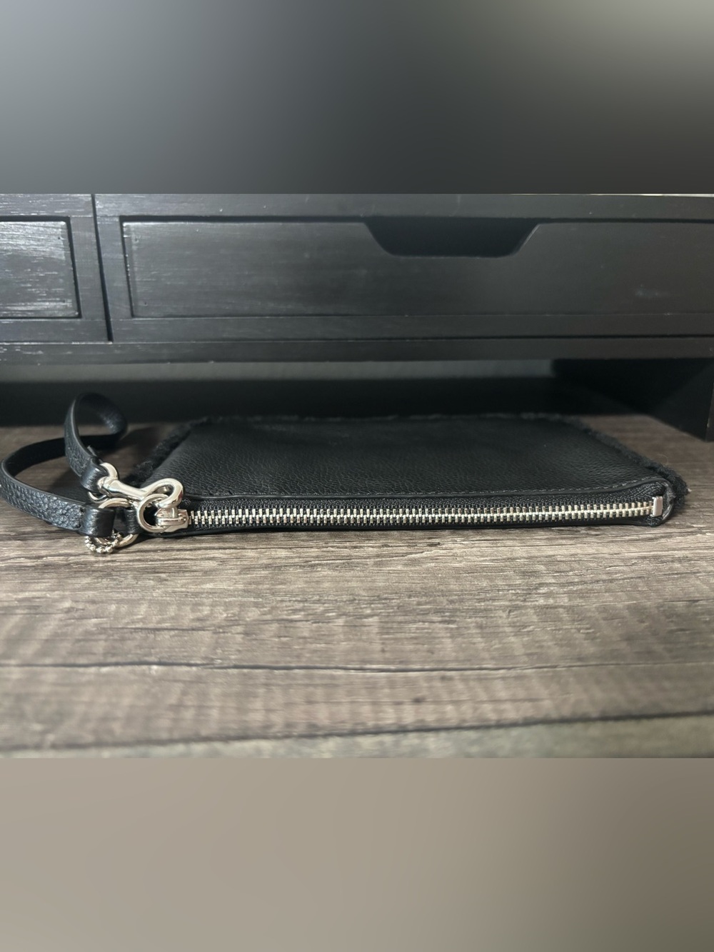 Coach Black Pebbled Leather Shearling-Trim Wristlet - Picture 6 of 11